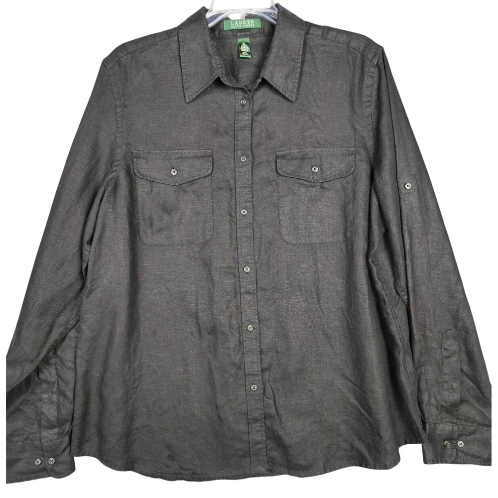 Lauren Ralph‎ Lauren 100% Linen Button Up Shirt Women's XL Black Roll Tab